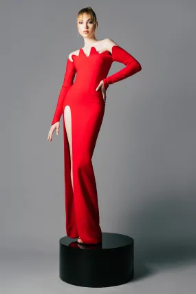 Red crêpe dress with waves structured neckline