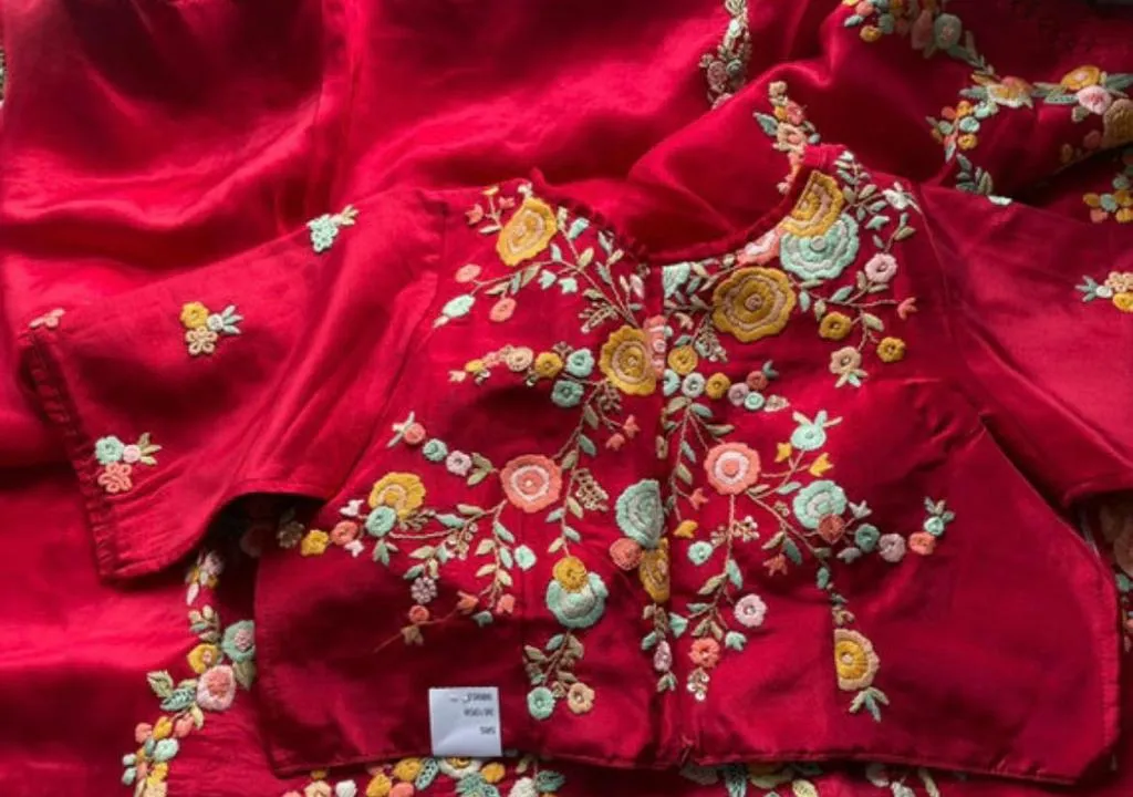 Red embroidered Munga saree