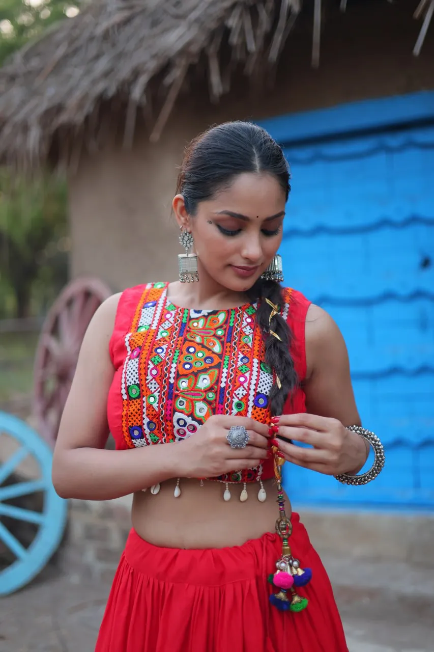 Red Traditional Reyon Lehenga Set with Embroidered Blouse and Koti