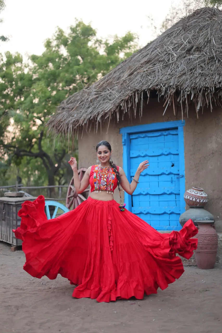 Red Traditional Reyon Lehenga Set with Embroidered Blouse and Koti