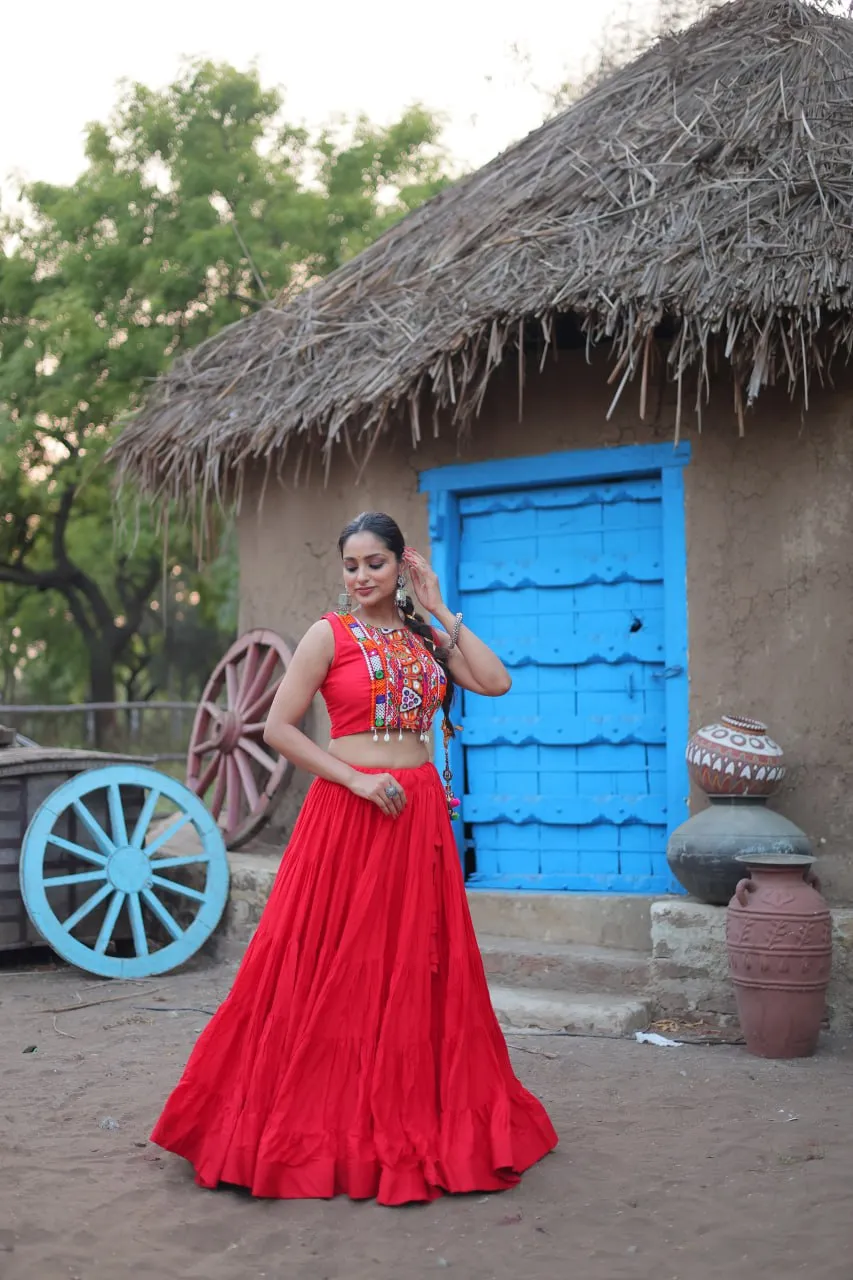 Red Traditional Reyon Lehenga Set with Embroidered Blouse and Koti