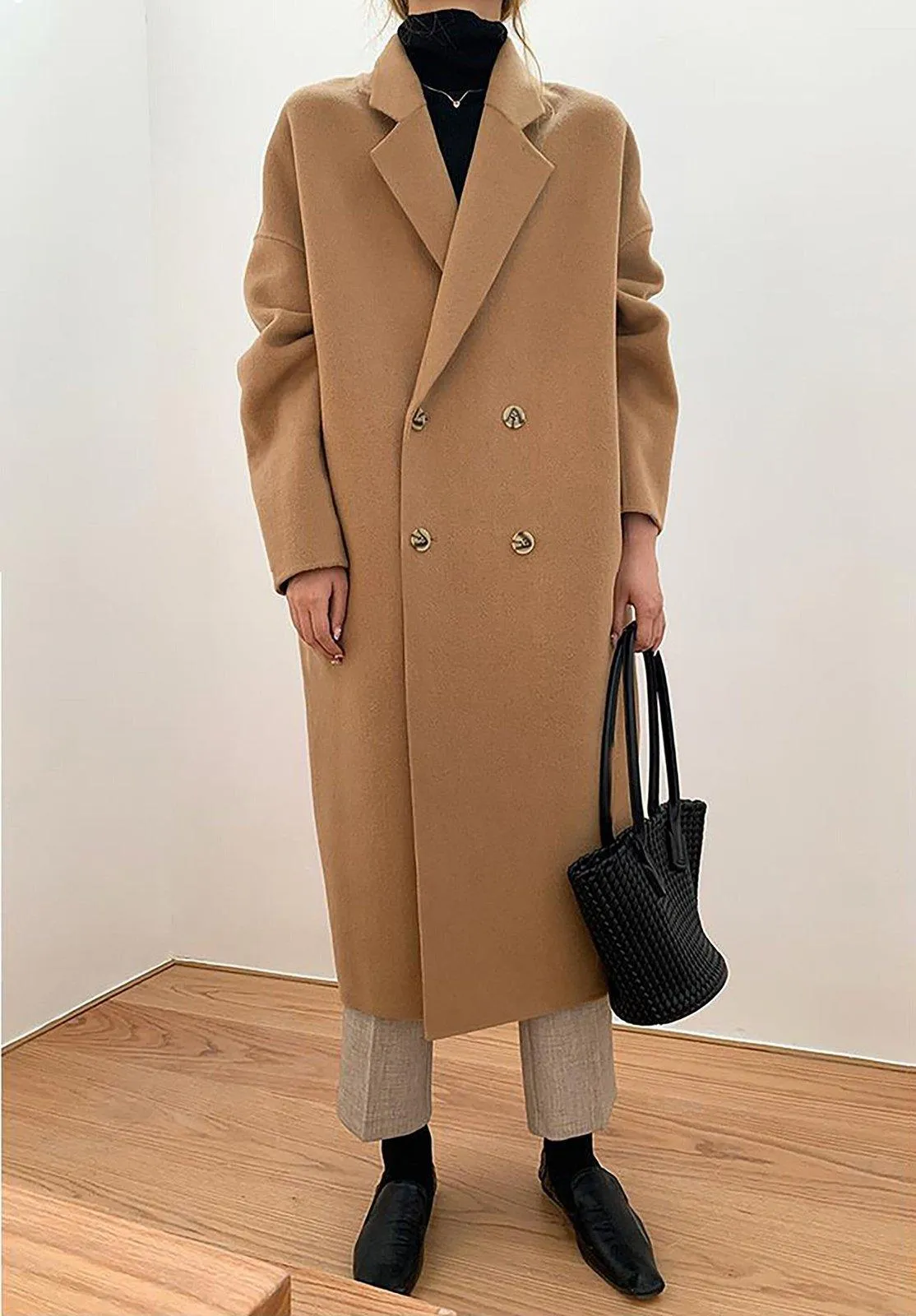 Relaxed Fit Double Breasted Wool Blend Coat