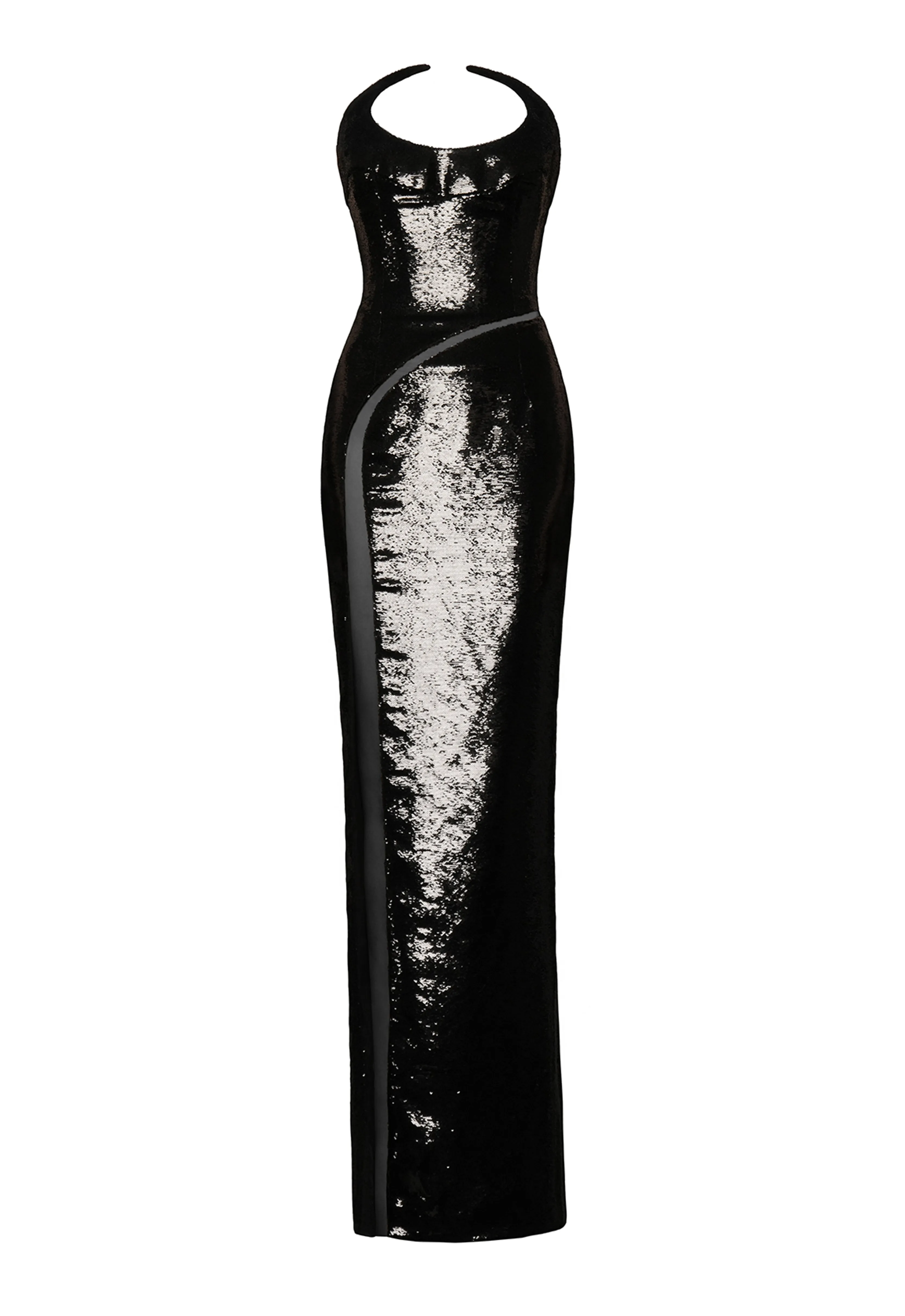 Structured black sequins dress with pointed neckline