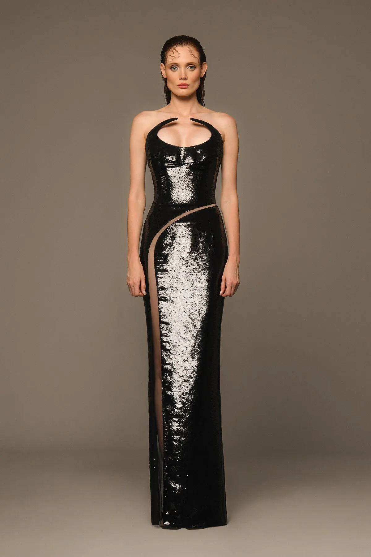 Structured black sequins dress with pointed neckline