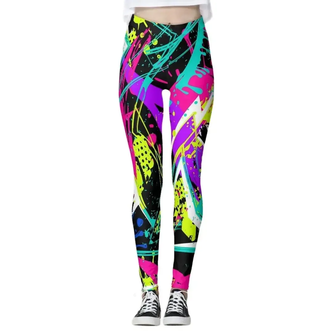 Stylish High-Waisted Women's Yoga Leggings with Vibrant Graffiti Print - Stretchy, Comfortable, and Flattering Activewear for Gym and Fitness