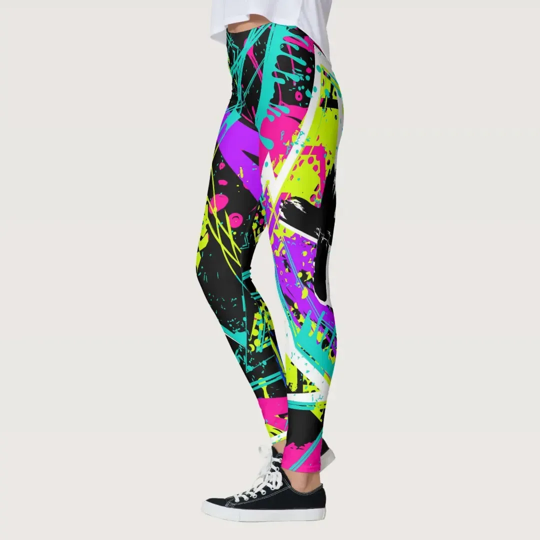 Stylish High-Waisted Women's Yoga Leggings with Vibrant Graffiti Print - Stretchy, Comfortable, and Flattering Activewear for Gym and Fitness