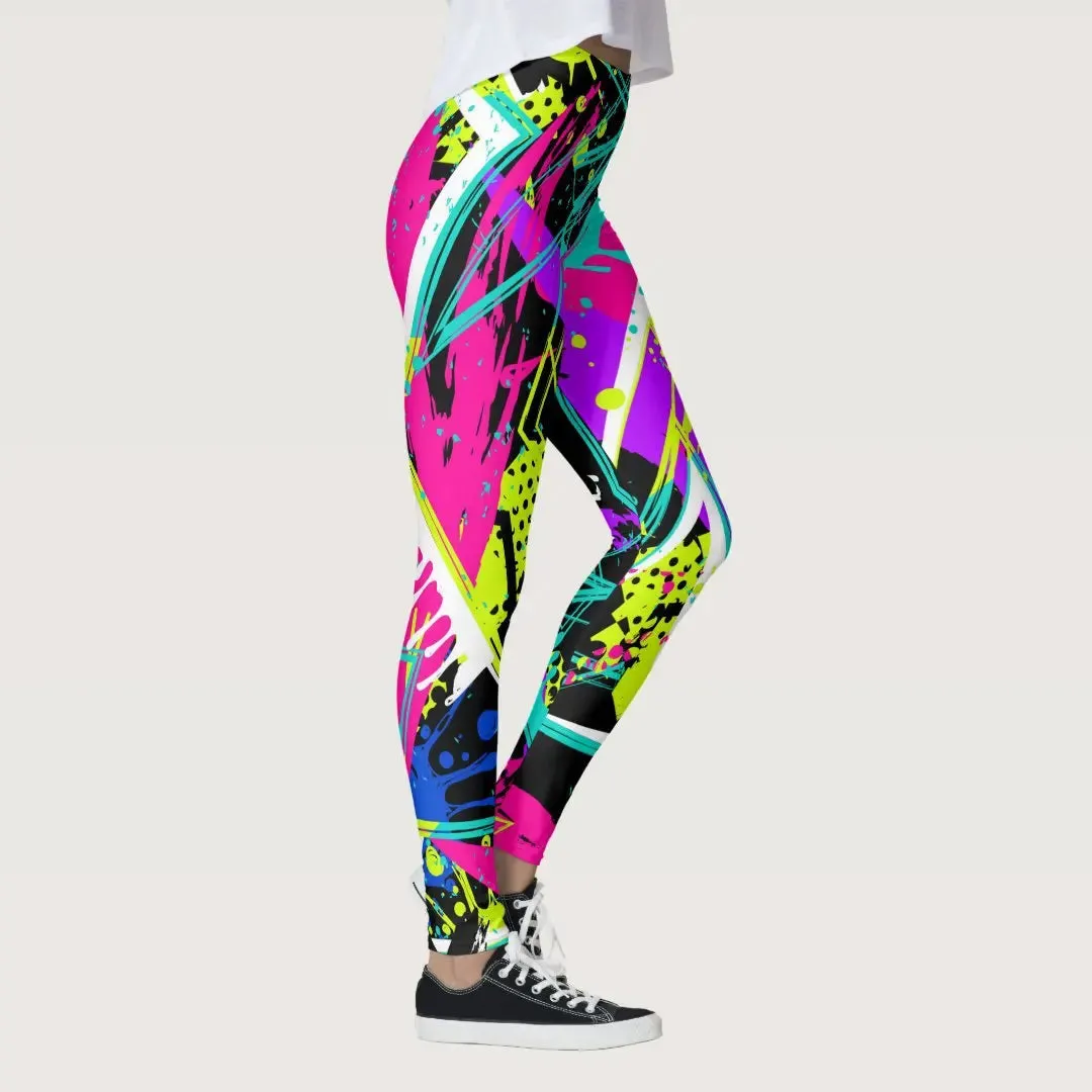 Stylish High-Waisted Women's Yoga Leggings with Vibrant Graffiti Print - Stretchy, Comfortable, and Flattering Activewear for Gym and Fitness