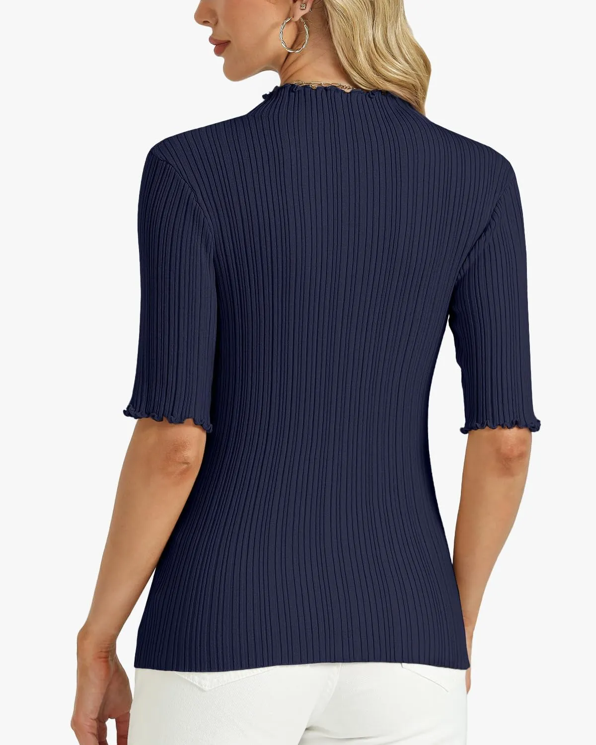 Tanou Women's Half Sleeve Pullover Sweaters Mock Neck Ribbed Knitted Small Wave Shirts Casual Slim Fit Basic Tee Tops