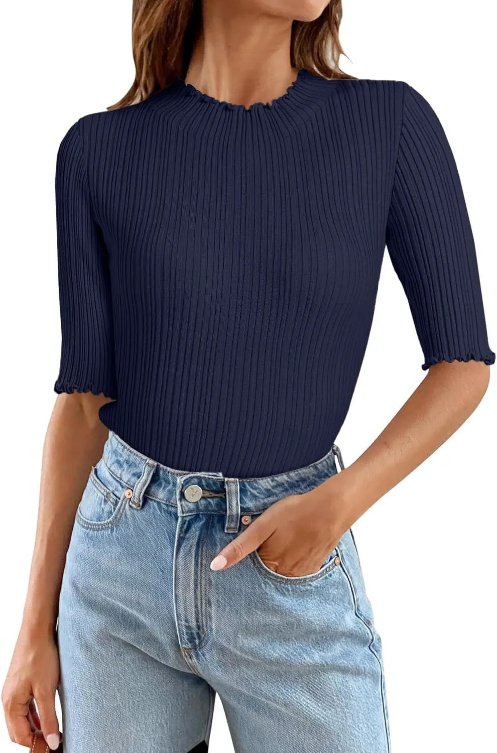 Tanou Women's Half Sleeve Pullover Sweaters Mock Neck Ribbed Knitted Small Wave Shirts Casual Slim Fit Basic Tee Tops