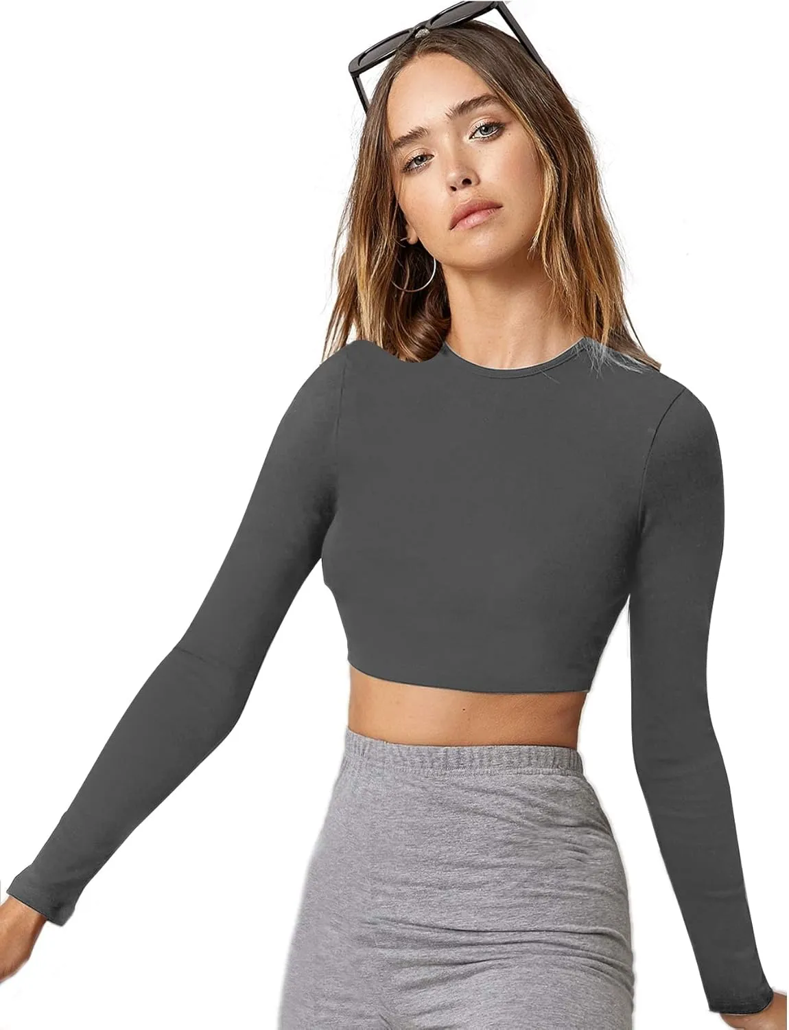 Verdusa Women's Basic Long Sleeve Crew Neck Fitted Crop Top Tee Shirt