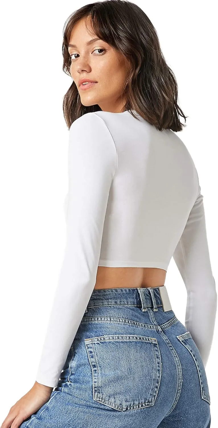 Verdusa Women's Basic Long Sleeve Crew Neck Fitted Crop Top Tee Shirt
