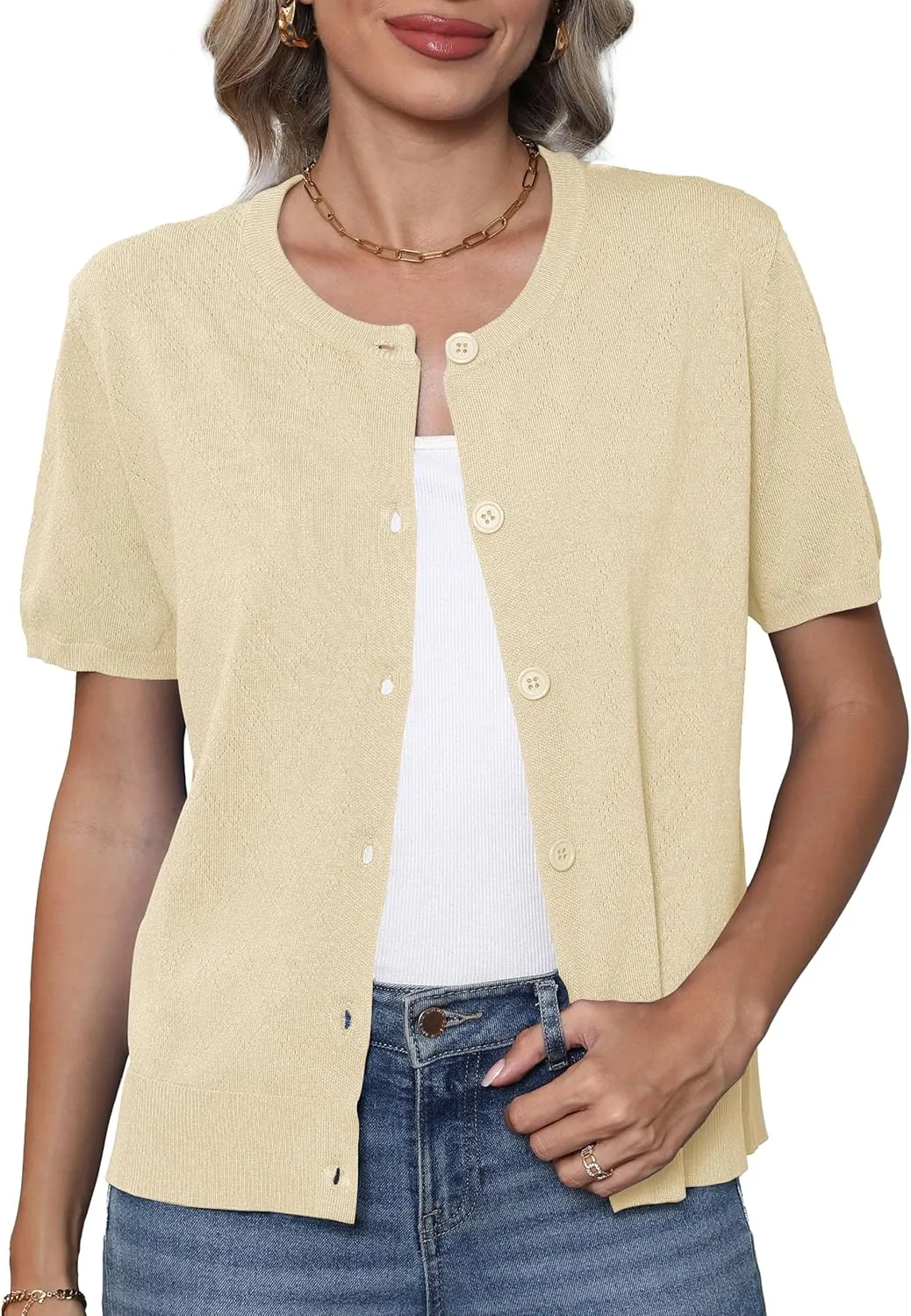 VIISHOW Women's Summer Lightweight Short Sleeve Cardigan Crochet Knit Shrug Open Front Crew Neck Button Up Casual Tops