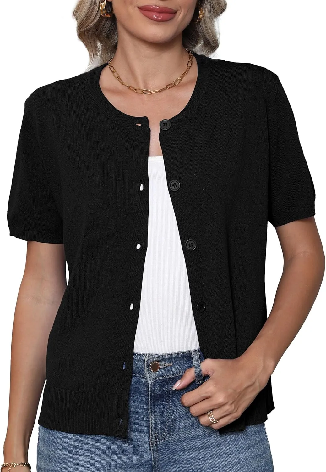 VIISHOW Women's Summer Lightweight Short Sleeve Cardigan Crochet Knit Shrug Open Front Crew Neck Button Up Casual Tops