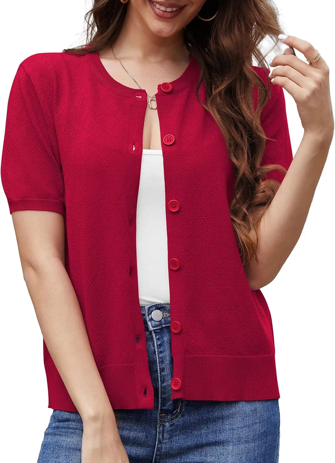 VIISHOW Women's Summer Lightweight Short Sleeve Cardigan Crochet Knit Shrug Open Front Crew Neck Button Up Casual Tops