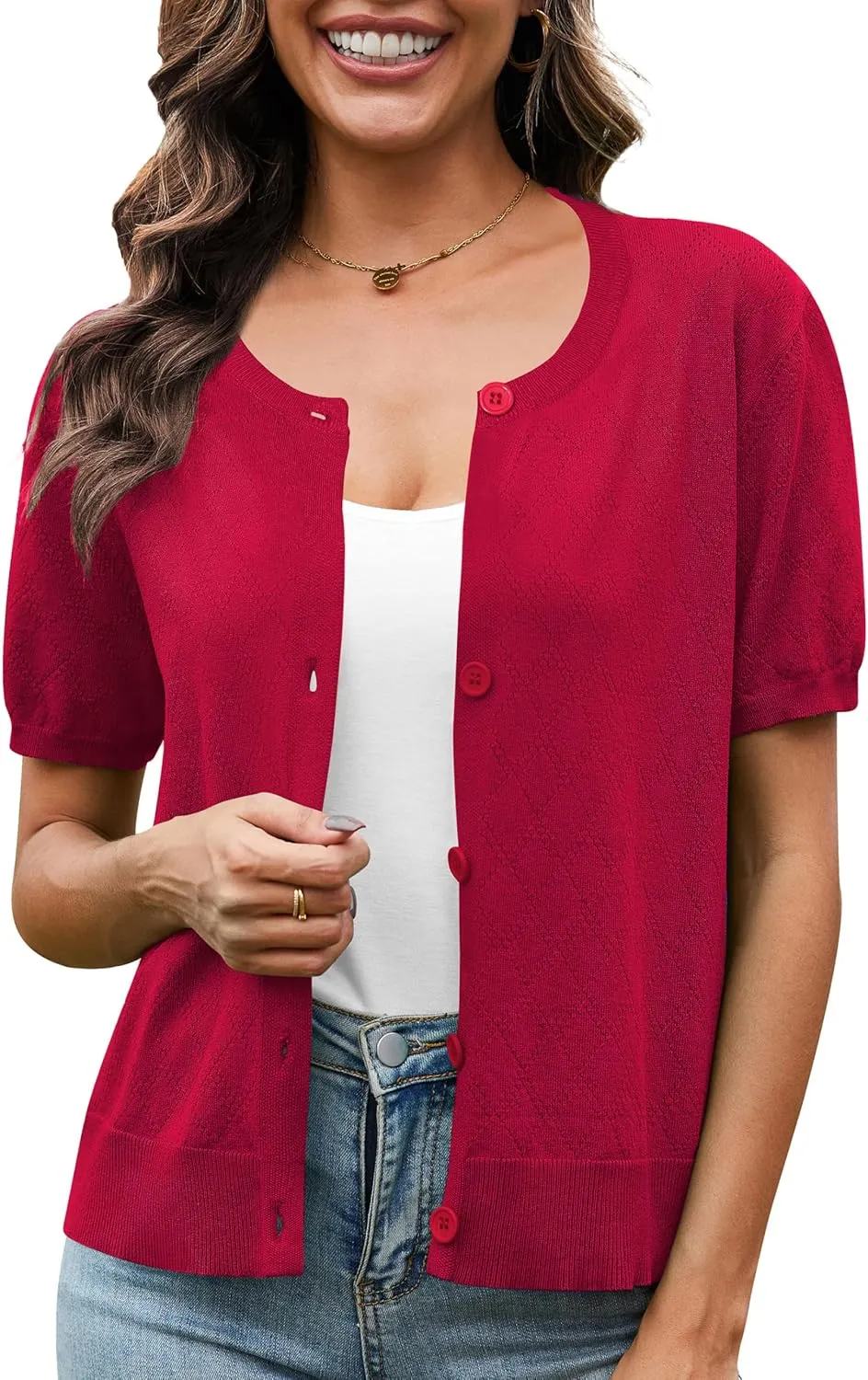 VIISHOW Women's Summer Lightweight Short Sleeve Cardigan Crochet Knit Shrug Open Front Crew Neck Button Up Casual Tops