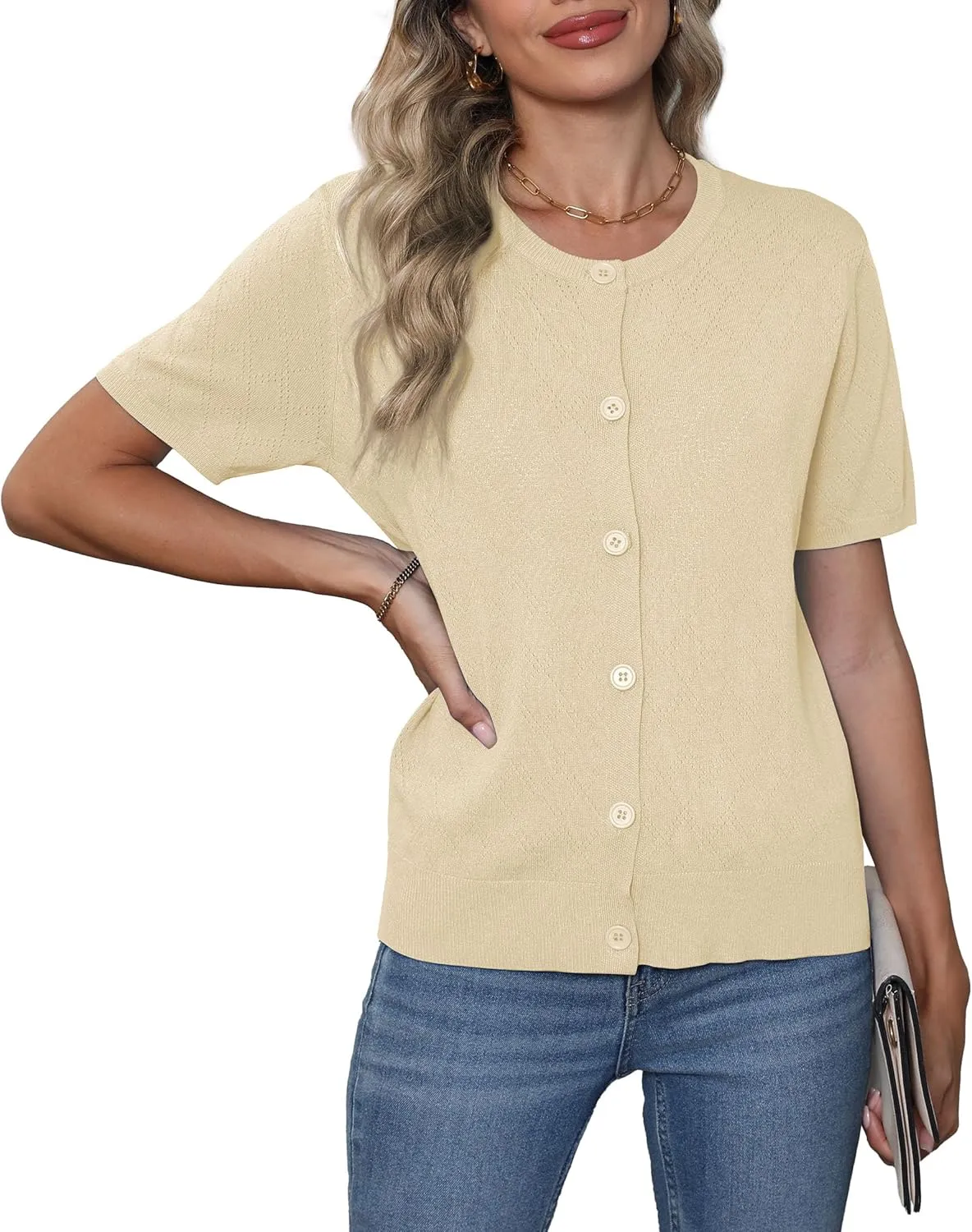 VIISHOW Women's Summer Lightweight Short Sleeve Cardigan Crochet Knit Shrug Open Front Crew Neck Button Up Casual Tops