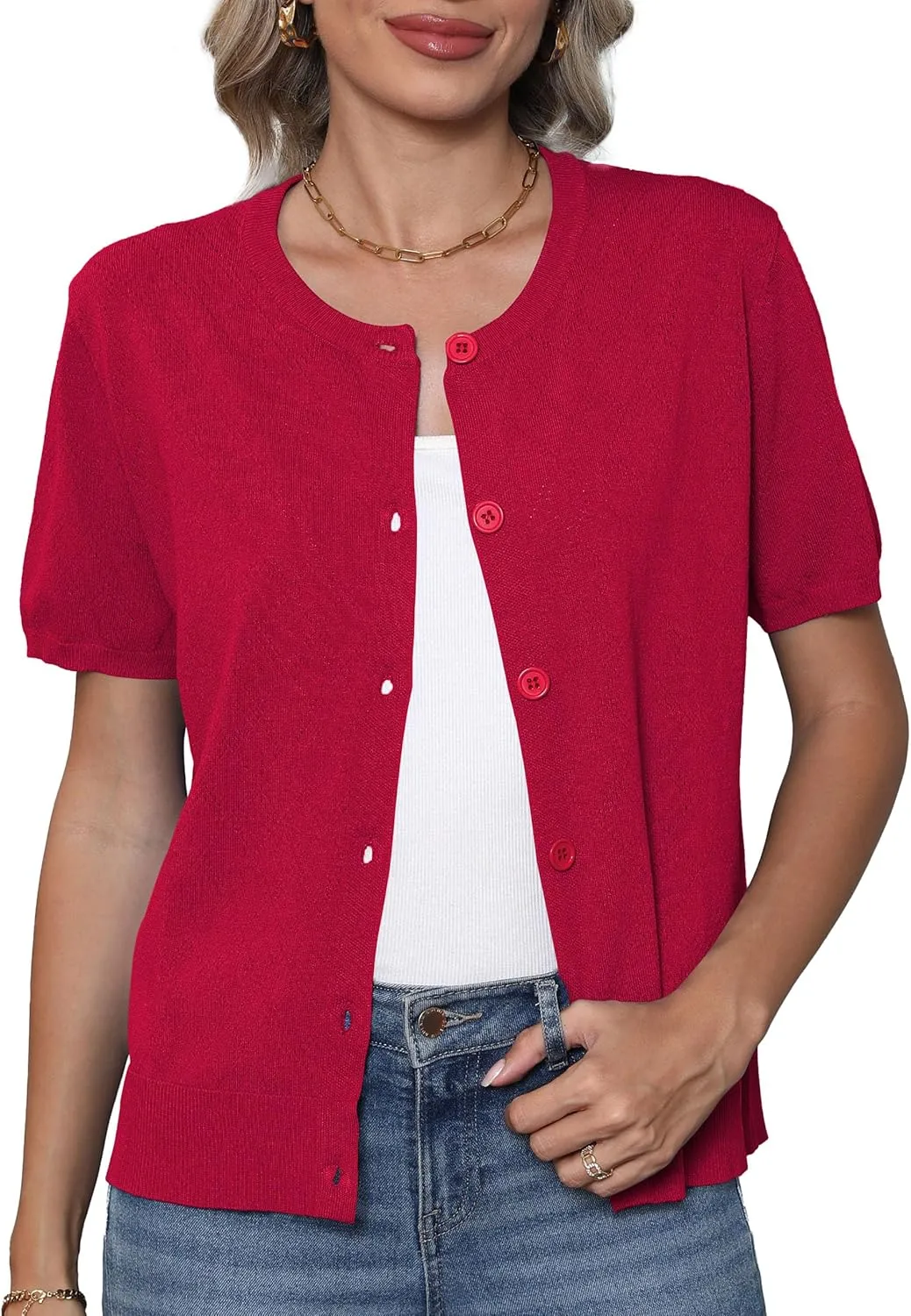 VIISHOW Women's Summer Lightweight Short Sleeve Cardigan Crochet Knit Shrug Open Front Crew Neck Button Up Casual Tops