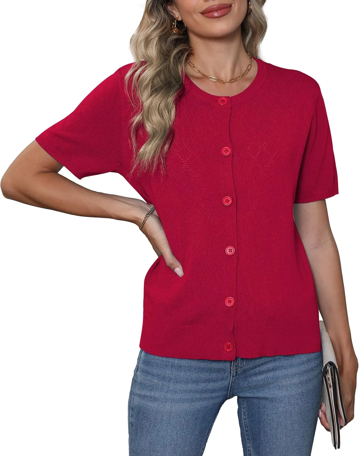 VIISHOW Women's Summer Lightweight Short Sleeve Cardigan Crochet Knit Shrug Open Front Crew Neck Button Up Casual Tops