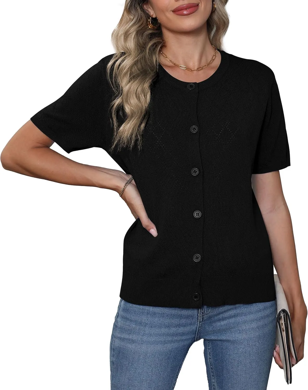 VIISHOW Women's Summer Lightweight Short Sleeve Cardigan Crochet Knit Shrug Open Front Crew Neck Button Up Casual Tops