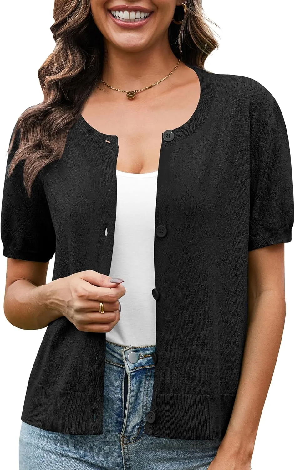 VIISHOW Women's Summer Lightweight Short Sleeve Cardigan Crochet Knit Shrug Open Front Crew Neck Button Up Casual Tops