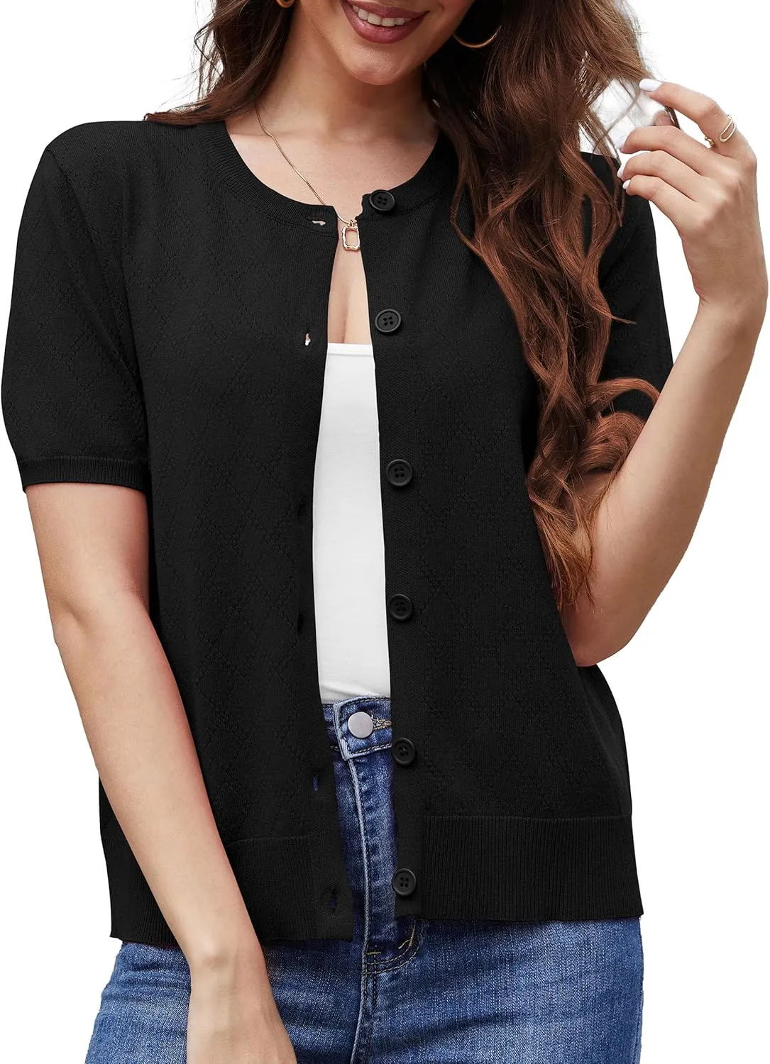 VIISHOW Women's Summer Lightweight Short Sleeve Cardigan Crochet Knit Shrug Open Front Crew Neck Button Up Casual Tops