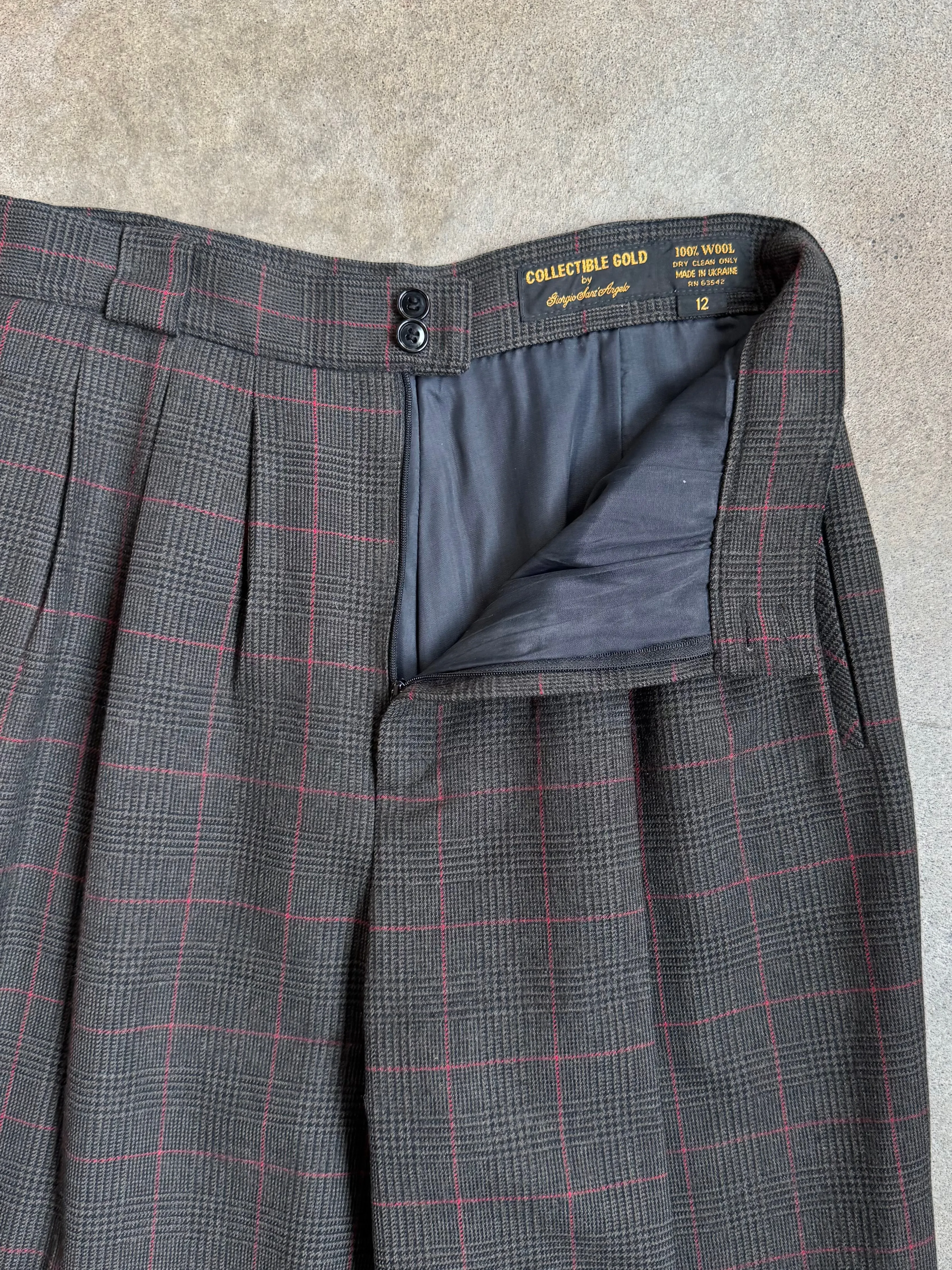 Vintage Collectible Gold Giorgio Sant’Angelo Charcoal Plaid Pleated Trousers (W29”)
