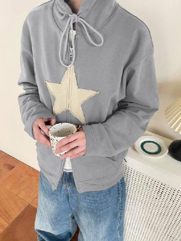 Wenkouban-Spring Casual Outfits Y2K Outfits Vintage Star Patch Baggy Zip Up Hoodie