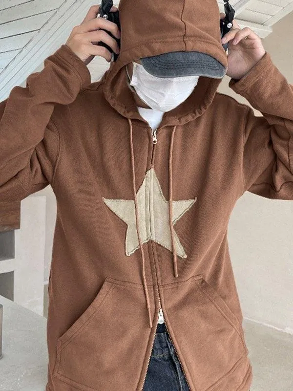 Wenkouban-Spring Casual Outfits Y2K Outfits Vintage Star Patch Baggy Zip Up Hoodie