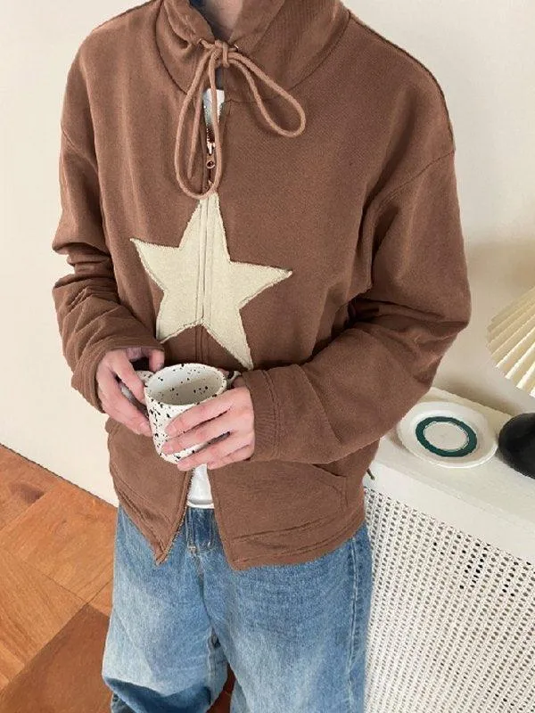 Wenkouban-Spring Casual Outfits Y2K Outfits Vintage Star Patch Baggy Zip Up Hoodie