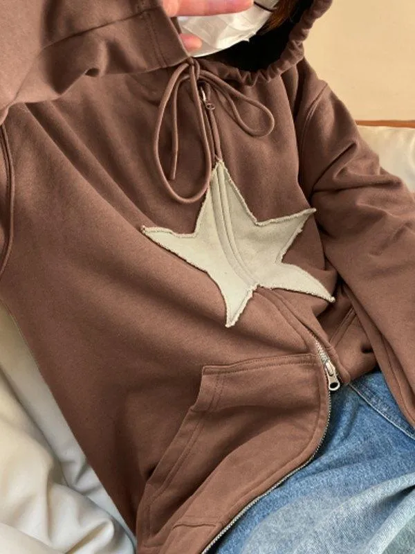 Wenkouban-Spring Casual Outfits Y2K Outfits Vintage Star Patch Baggy Zip Up Hoodie