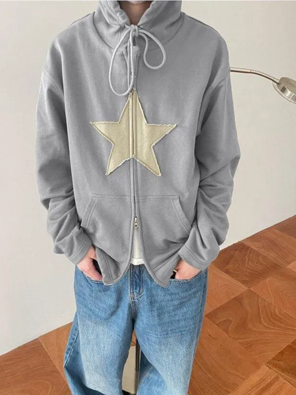 Wenkouban-Spring Casual Outfits Y2K Outfits Vintage Star Patch Baggy Zip Up Hoodie