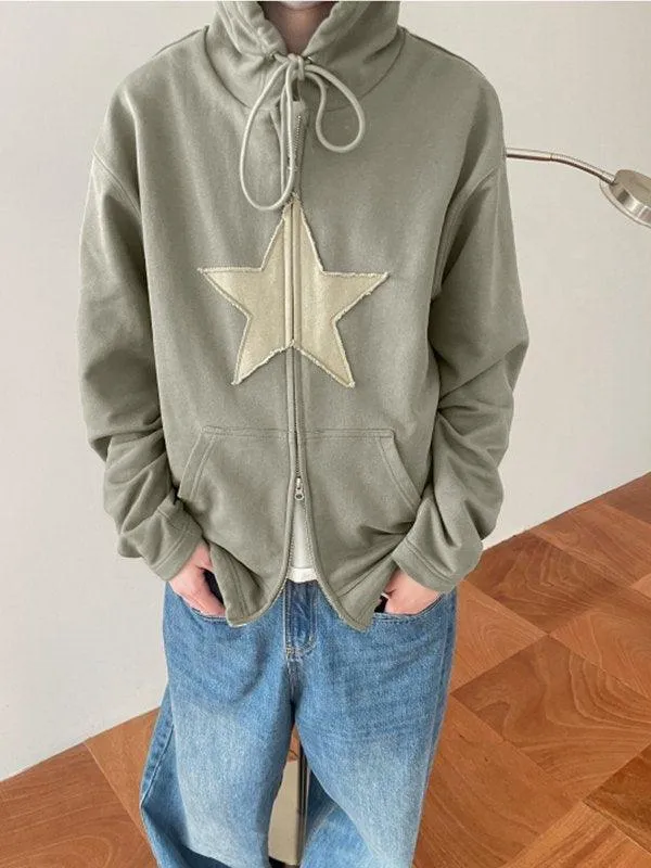 Wenkouban-Spring Casual Outfits Y2K Outfits Vintage Star Patch Baggy Zip Up Hoodie