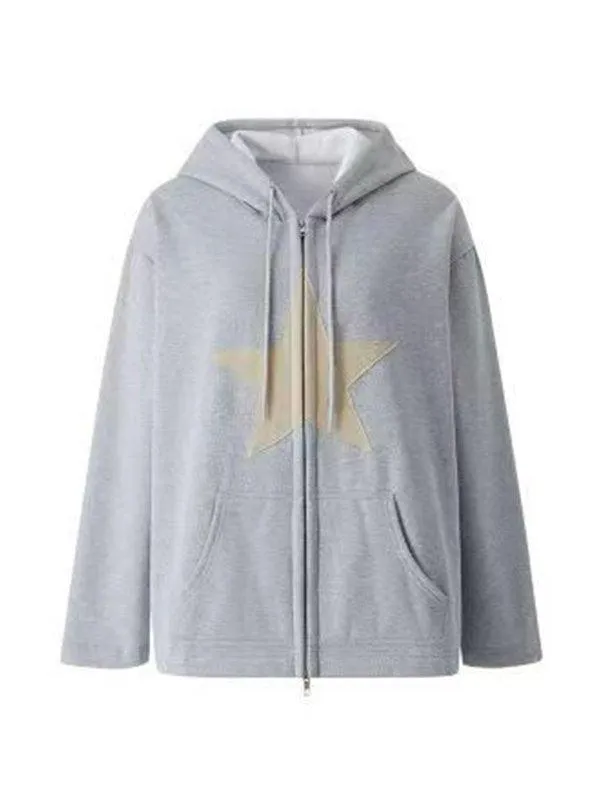 Wenkouban-Spring Casual Outfits Y2K Outfits Vintage Star Patch Baggy Zip Up Hoodie