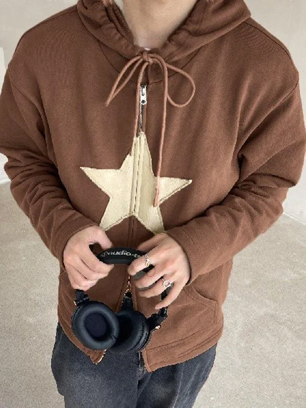 Wenkouban-Spring Casual Outfits Y2K Outfits Vintage Star Patch Baggy Zip Up Hoodie