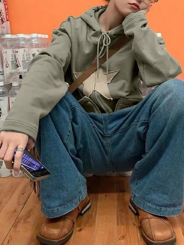 Wenkouban-Spring Casual Outfits Y2K Outfits Vintage Star Patch Baggy Zip Up Hoodie