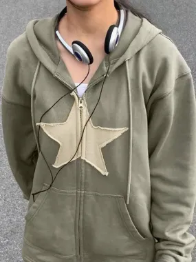 Wenkouban-Spring Casual Outfits Y2K Outfits Vintage Star Patch Baggy Zip Up Hoodie