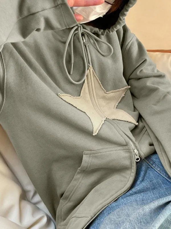 Wenkouban-Spring Casual Outfits Y2K Outfits Vintage Star Patch Baggy Zip Up Hoodie