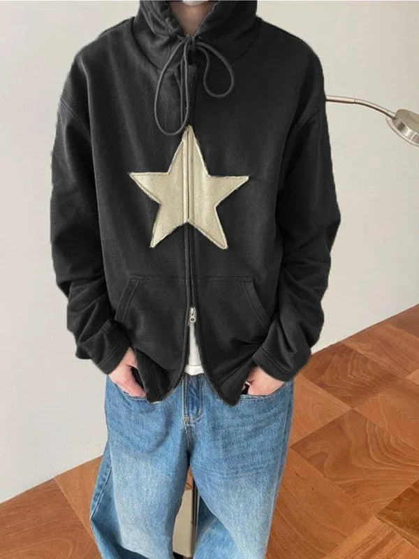 Wenkouban-Spring Casual Outfits Y2K Outfits Vintage Star Patch Baggy Zip Up Hoodie