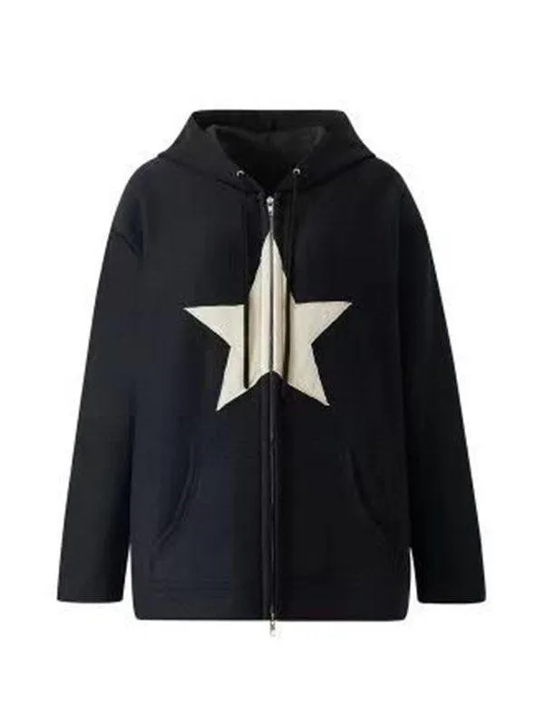 Wenkouban-Spring Casual Outfits Y2K Outfits Vintage Star Patch Baggy Zip Up Hoodie