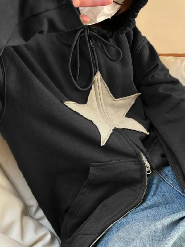 Wenkouban-Spring Casual Outfits Y2K Outfits Vintage Star Patch Baggy Zip Up Hoodie