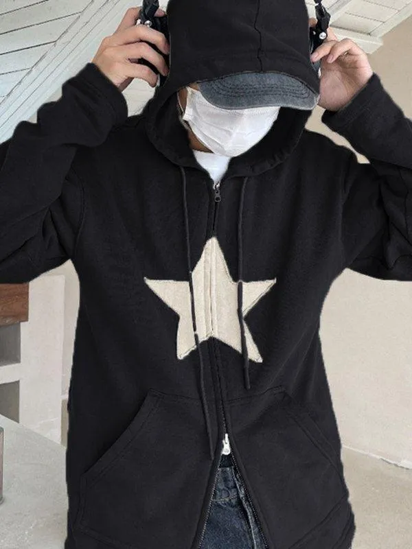 Wenkouban-Spring Casual Outfits Y2K Outfits Vintage Star Patch Baggy Zip Up Hoodie