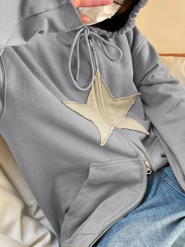 Wenkouban-Spring Casual Outfits Y2K Outfits Vintage Star Patch Baggy Zip Up Hoodie