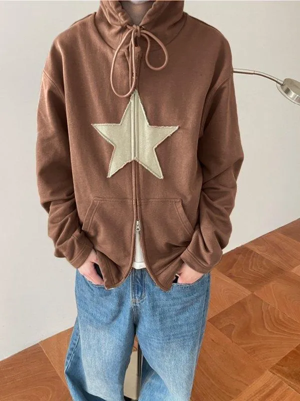 Wenkouban-Spring Casual Outfits Y2K Outfits Vintage Star Patch Baggy Zip Up Hoodie
