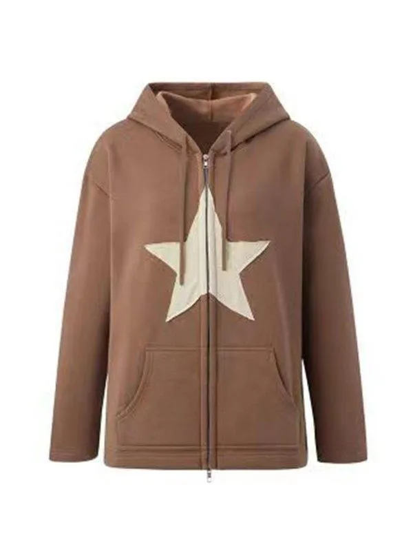 Wenkouban-Spring Casual Outfits Y2K Outfits Vintage Star Patch Baggy Zip Up Hoodie