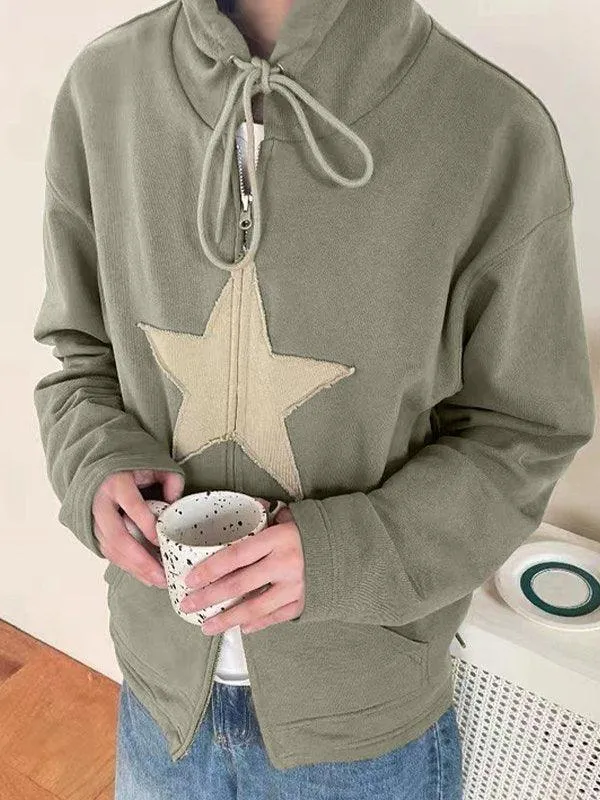 Wenkouban-Spring Casual Outfits Y2K Outfits Vintage Star Patch Baggy Zip Up Hoodie