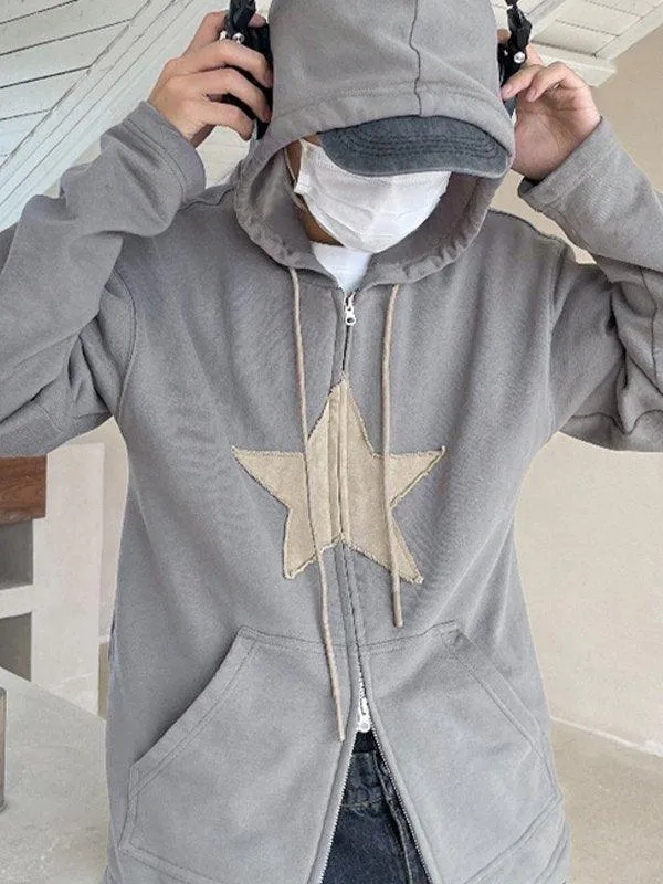Wenkouban-Spring Casual Outfits Y2K Outfits Vintage Star Patch Baggy Zip Up Hoodie