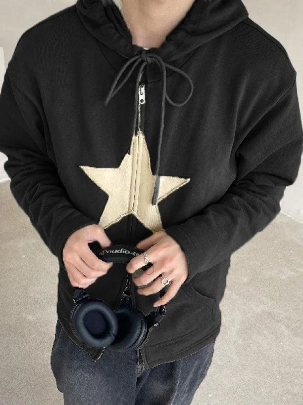 Wenkouban-Spring Casual Outfits Y2K Outfits Vintage Star Patch Baggy Zip Up Hoodie