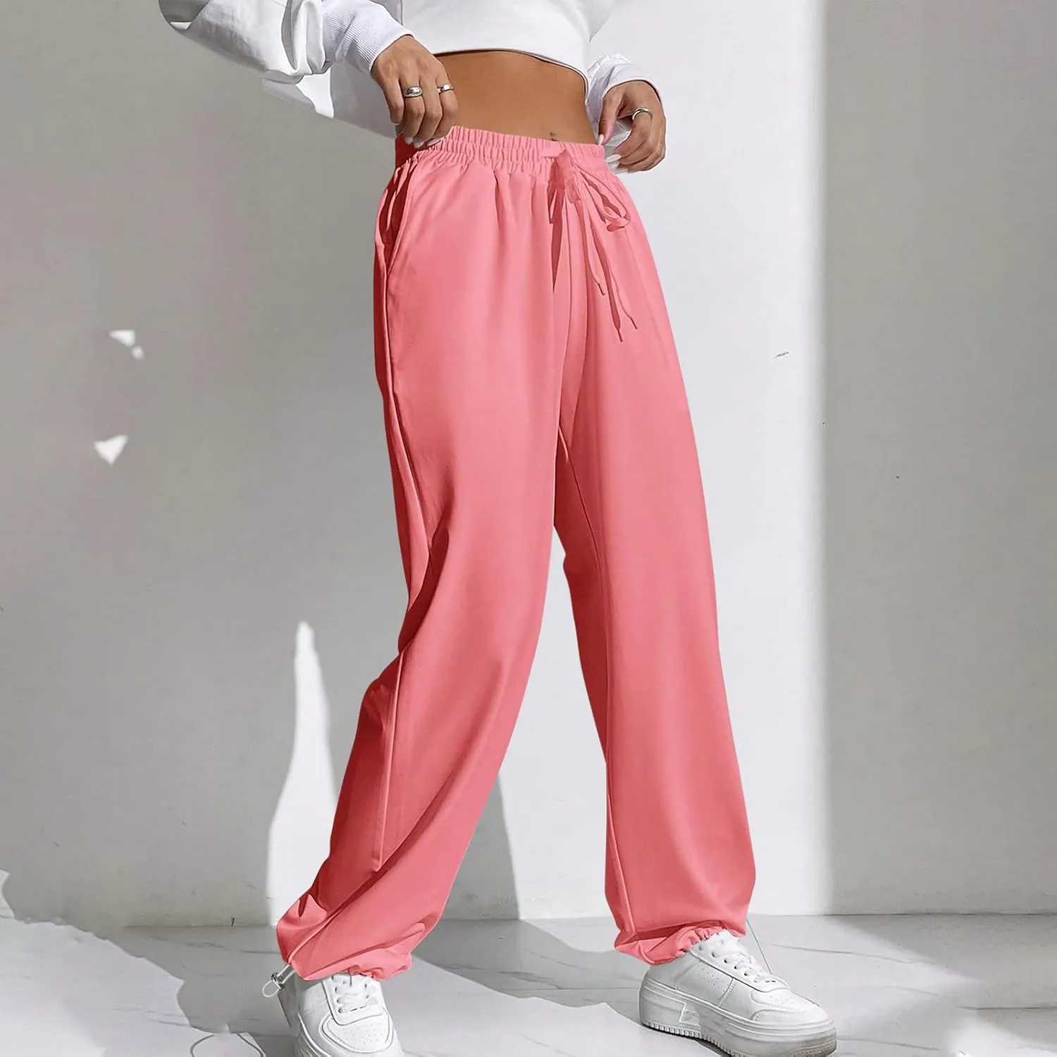 Wide Leg Jogging Pants Women High Waisted Drawstring Pants Soft Comfortable Pants Solid Color Sweatpants for Sports