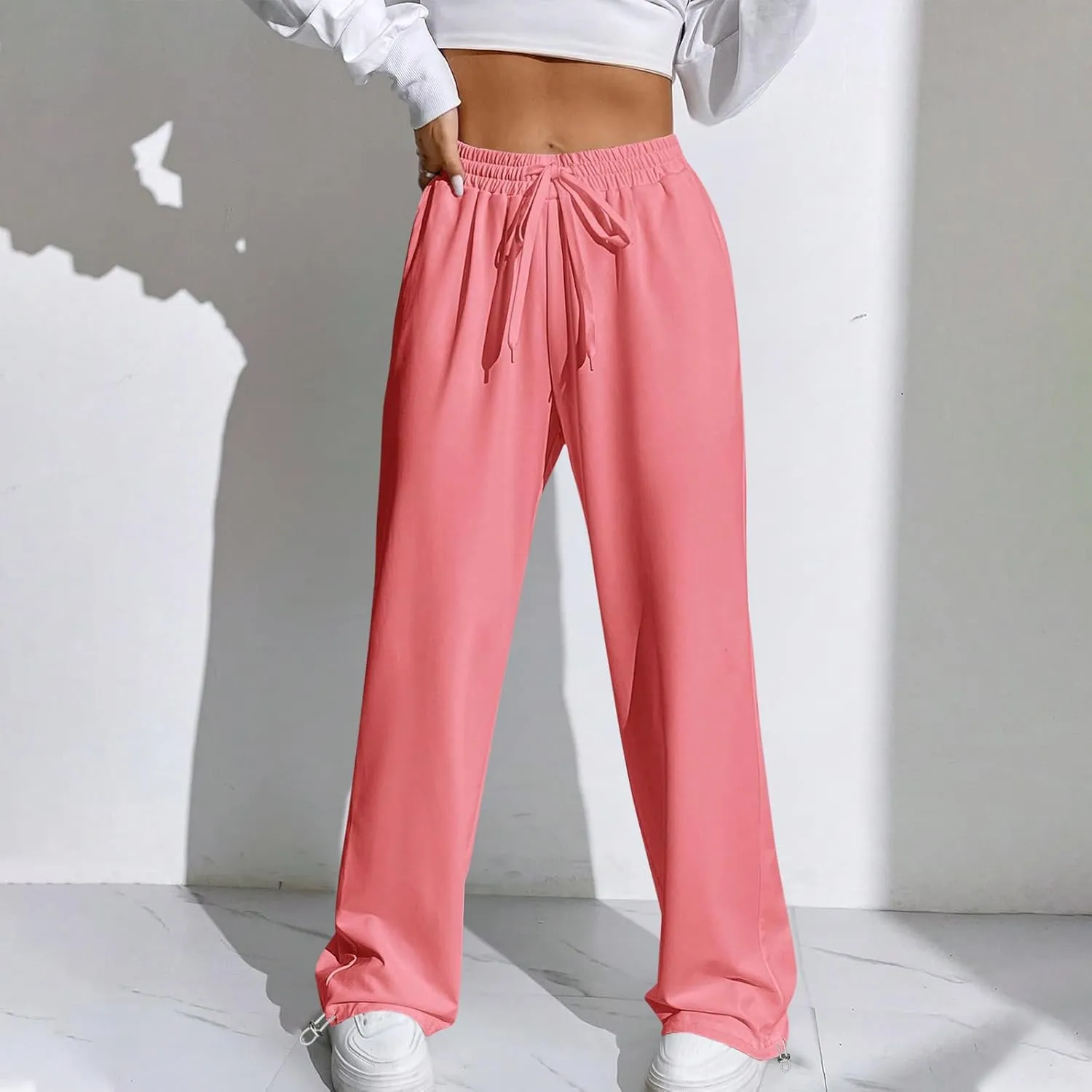Wide Leg Jogging Pants Women High Waisted Drawstring Pants Soft Comfortable Pants Solid Color Sweatpants for Sports