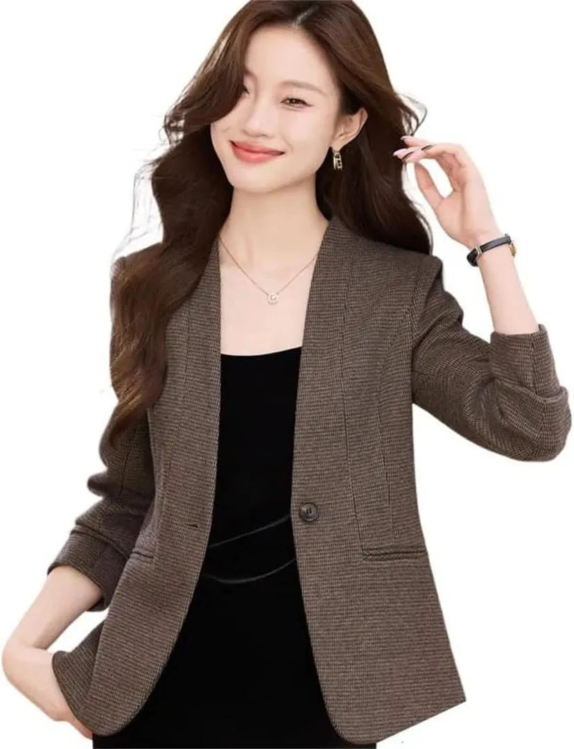 Women Elegant High End Slim Suit Overcoat V Neck Single Button Woolen Blazer Jacket